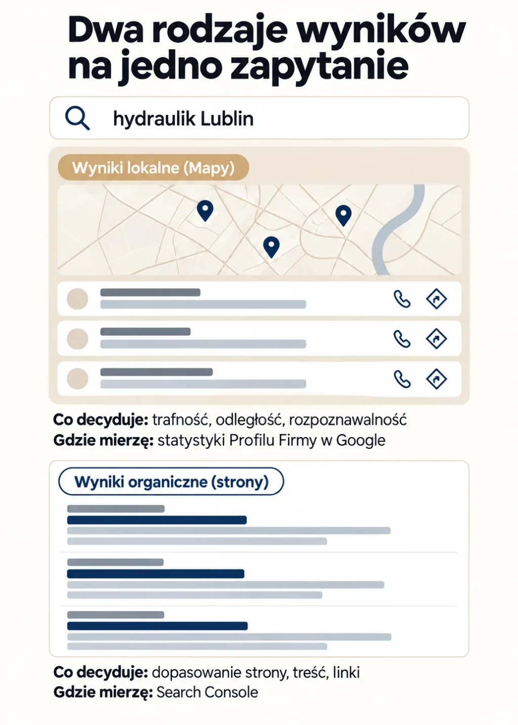 Schemat wyników Google dla zapytania „hydraulik Lublin”: u góry wyniki lokalne z mapą, o których decydują trafność, odległość i rozpoznawalność, niżej wyniki organiczne stron, o których decydują dopasowanie strony, treść i linki