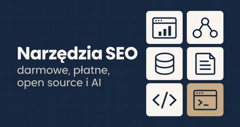 Narzędzia SEO darmowe, płatne, open source i AI: sześć ikon grup narzędzi, od danych z wyszukiwarki do terminala agenta AI