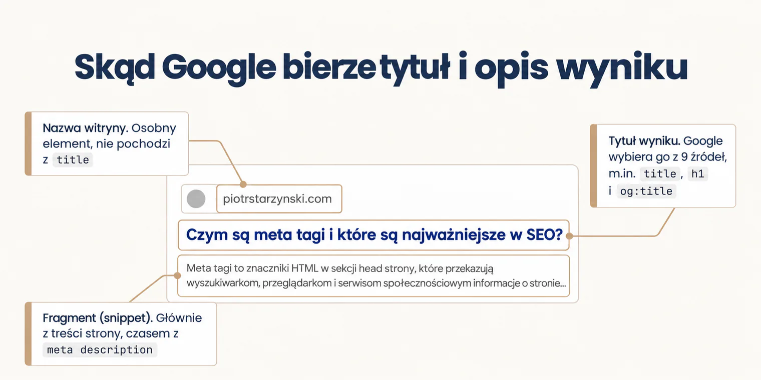 Schemat wyniku Google: nazwa witryny to osobny element, tytuł wyniku Google wybiera z 9 źródeł, m.in. title, h1 i og:title, a fragment pod tytułem pochodzi głównie z treści strony, czasem z meta description