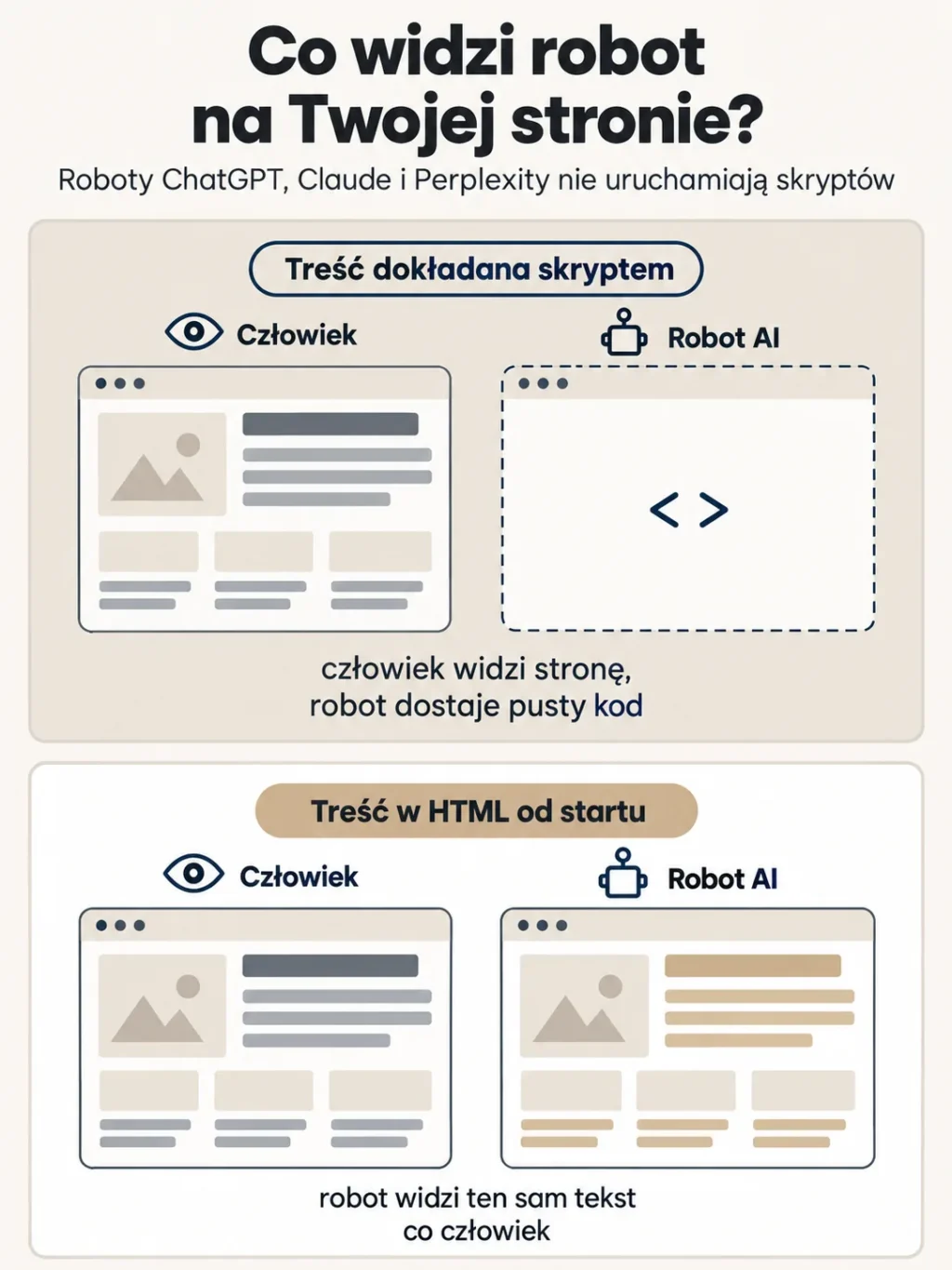 Schemat: przy treści dokładanej skryptem człowiek widzi stronę, a robot AI (ChatGPT, Claude, Perplexity) dostaje pusty kod; przy treści w HTML od startu robot widzi ten sam tekst co człowiek