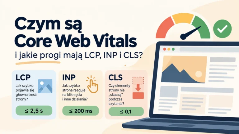 Core Web Vitals: metryki LCP, INP i CLS z dobrymi progami 2,5 s, 200 ms i 0,1