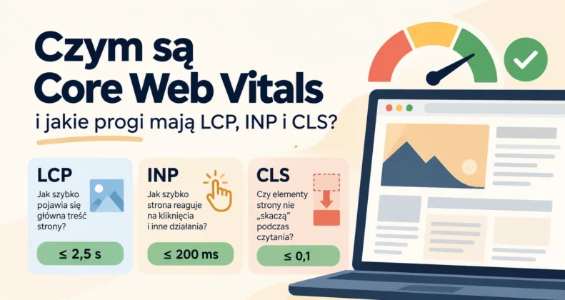 Core Web Vitals: metryki LCP, INP i CLS z dobrymi progami 2,5 s, 200 ms i 0,1