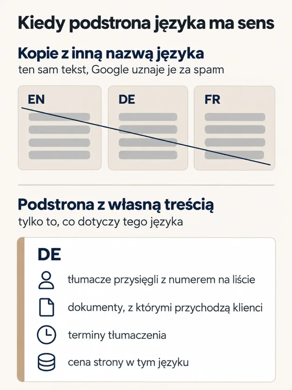 Schemat: przekreślone kopie EN, DE i FR z tym samym tekstem oraz podstrona DE z tłumaczami przysięgłymi, dokumentami, terminami i ceną strony w tym języku